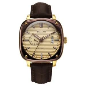 Titan Vintage Concealed Automatic Analog with Beige Dial Brown Leather Strap Watch for Men